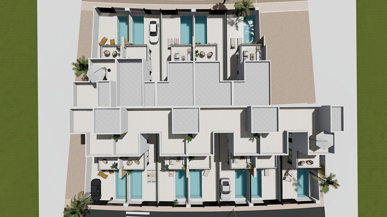 Reihenhaus-Villen mit 3 Schlafzimmern, 3 Bädern, Dachterrasse, Küchen mit Elektrogeräten, Privatpool und Kfz-Stellplatz nur 1,3 km vom Strand - 15