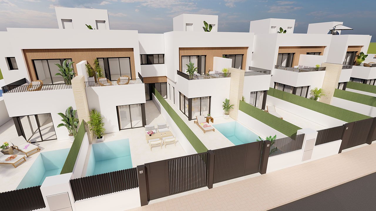 Reihenhaus-Villen mit 3 Schlafzimmern, 3 Bädern, Dachterrasse, Küchen mit Elektrogeräten, Privatpool und Kfz-Stellplatz nur 1,3 km vom Strand - 2