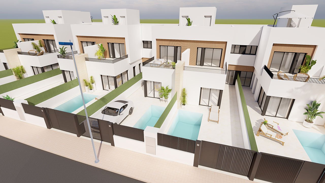 Reihenhaus-Villen mit 3 Schlafzimmern, 3 Bädern, Dachterrasse, Küchen mit Elektrogeräten, Privatpool und Kfz-Stellplatz nur 1,3 km vom Strand - 1